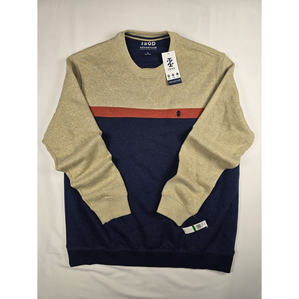 NWT Izod Sweatshirt Advantage Performance Long Sleeve Tan Orange Blue Large